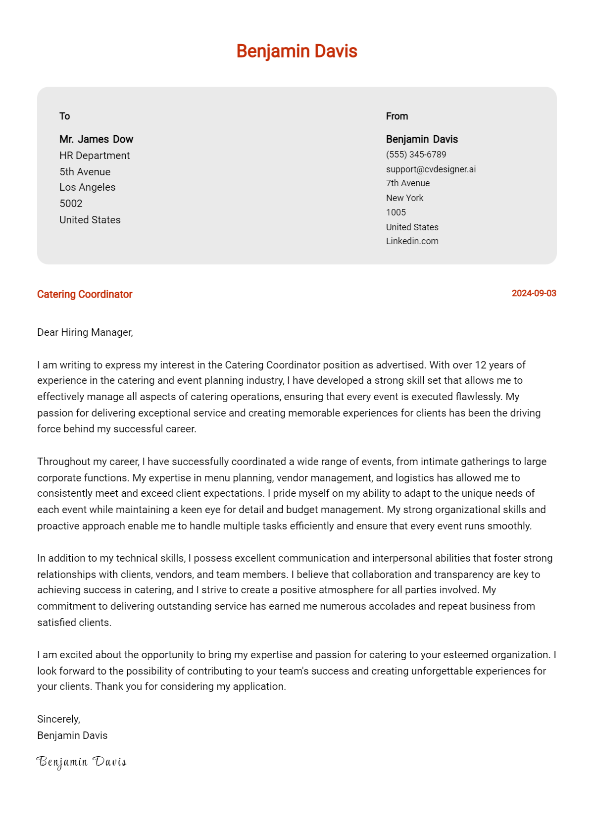 Catering Coordinator Cover Letter Example for 2026: Free Templates Preview