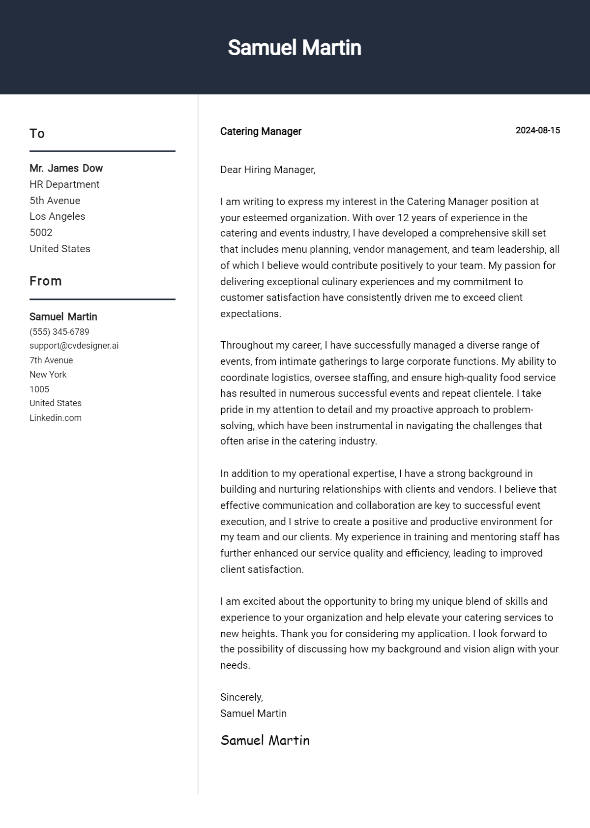 Catering Manager Cover Letter Example for 2026: Top CV Skills Preview