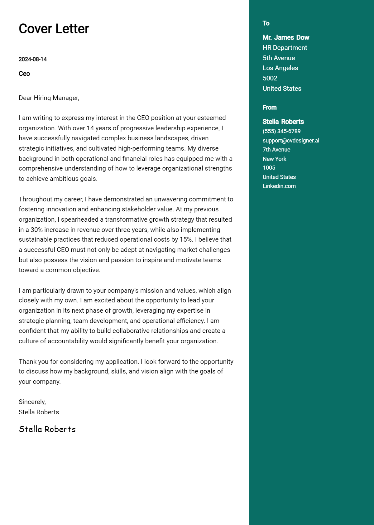 CEO Cover Letter Example for 2026: Top CV Skills Preview