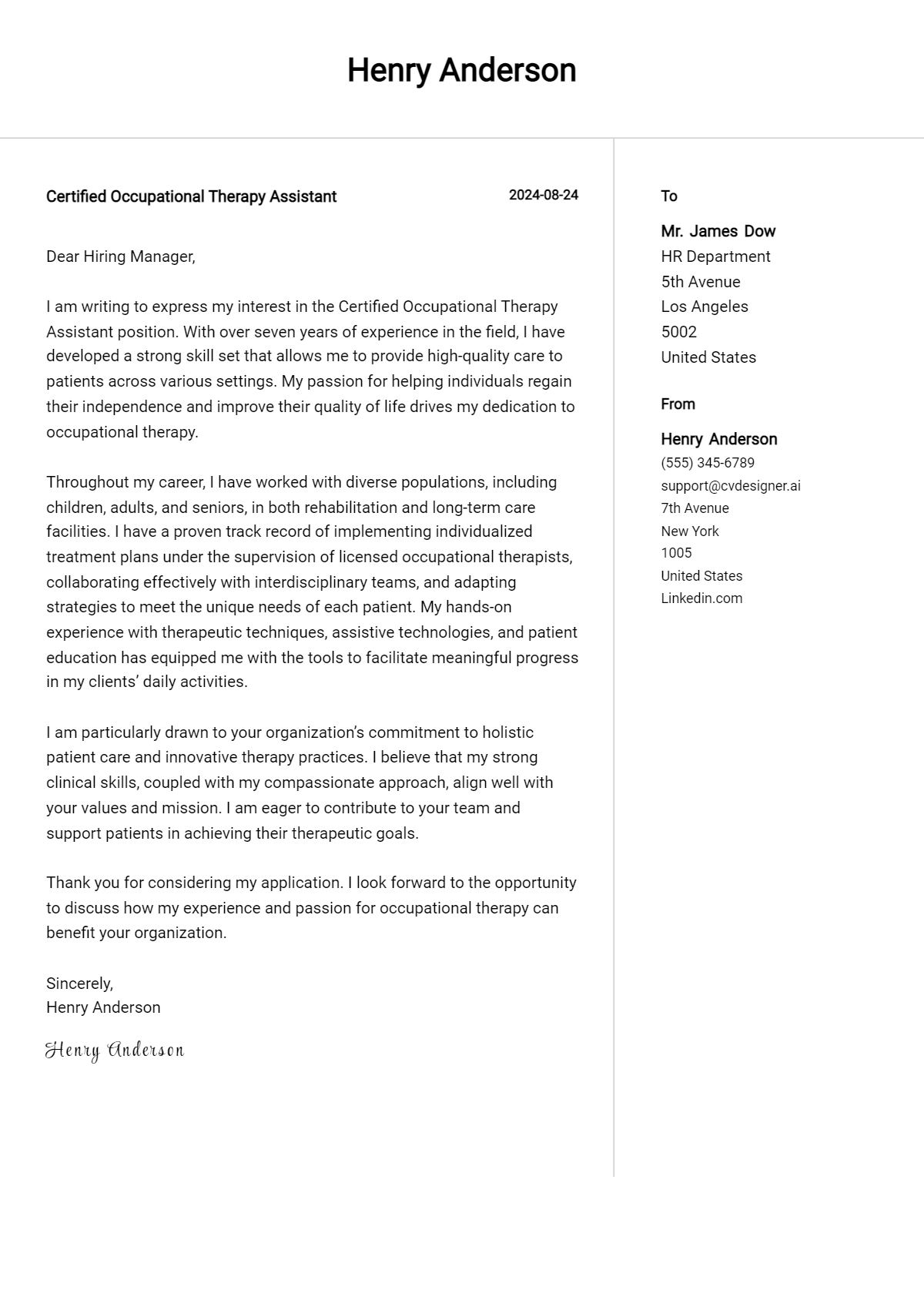 Certified Occupational Therapy Assistant Cover Letter Example for 2026: Proven Tips Preview