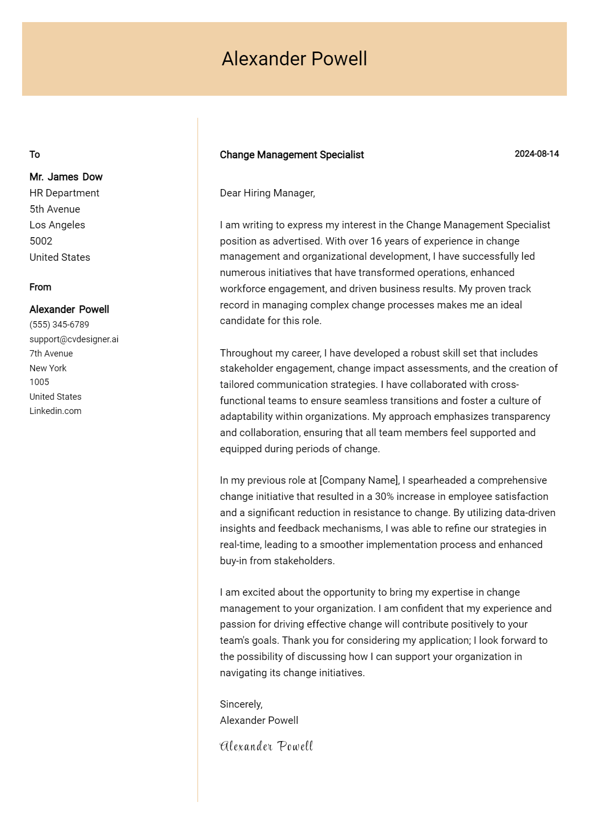 Change Management Specialist Cover Letter Example for 2026: Ultimate Guide Preview