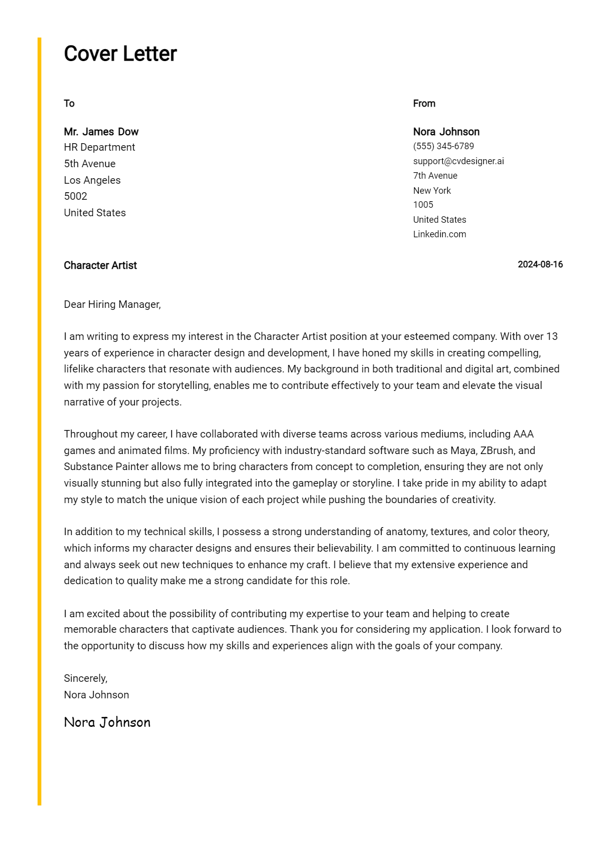 Character Artist Cover Letter Example for 2026 (Download Templates) Preview