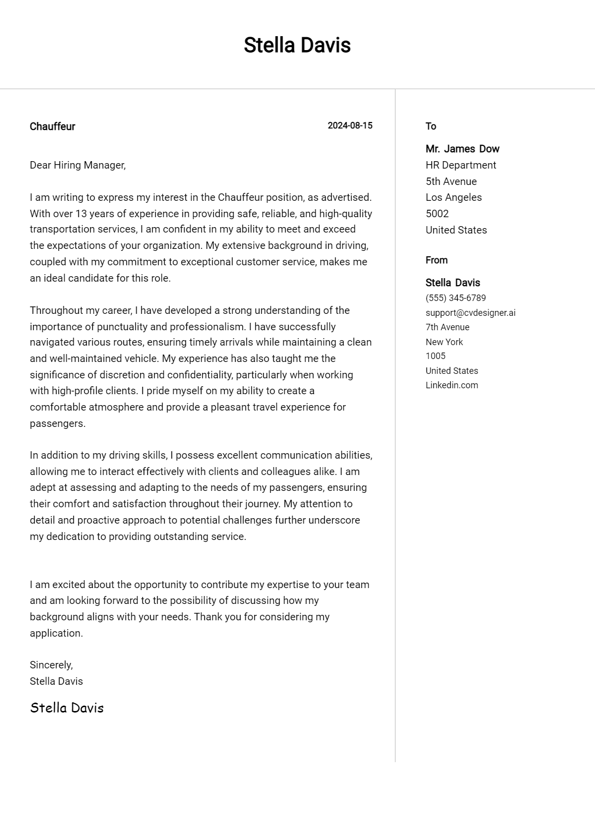 Chauffeur Cover Letter Example for 2026 (Download Templates) Preview