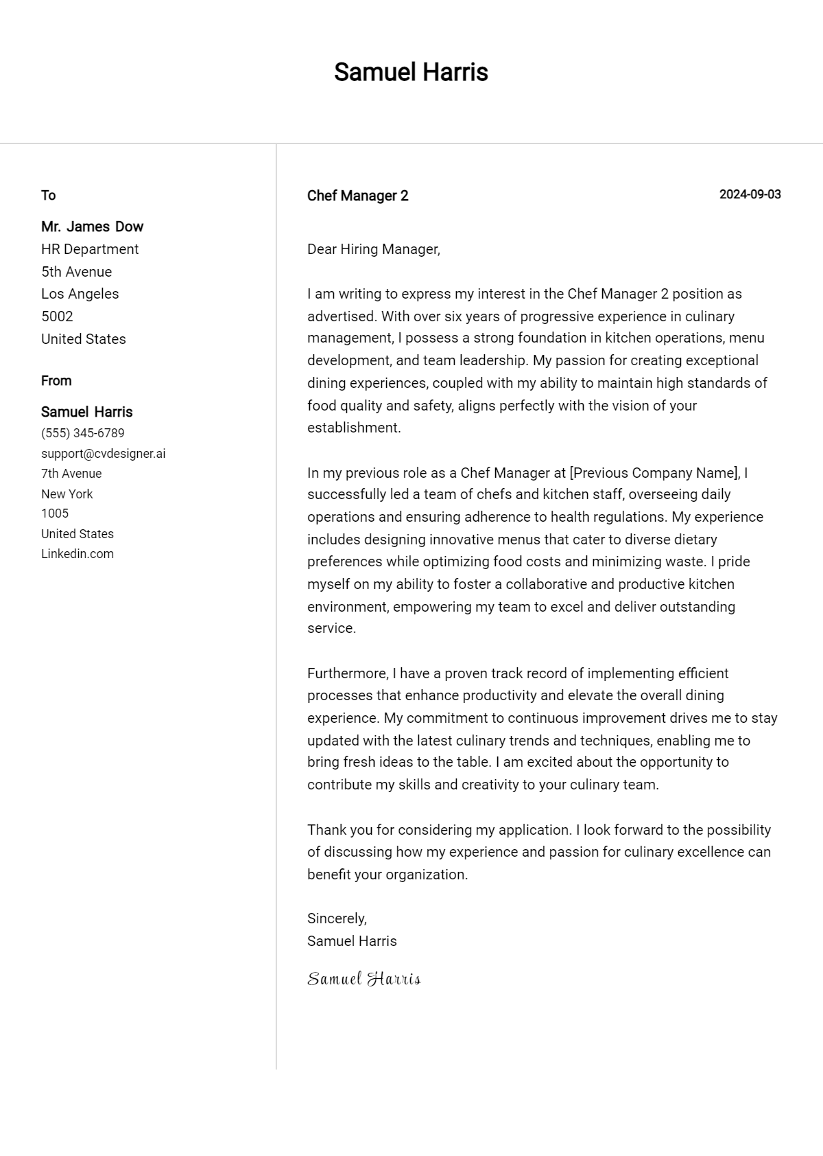 11 Chef Manager Cover Letter Example for 2026 (Download Templates) Preview