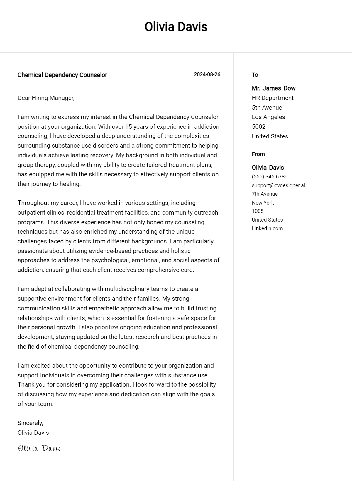 Chemical Dependency Counselor Cover Letter Examples and Templates for 2026 Preview