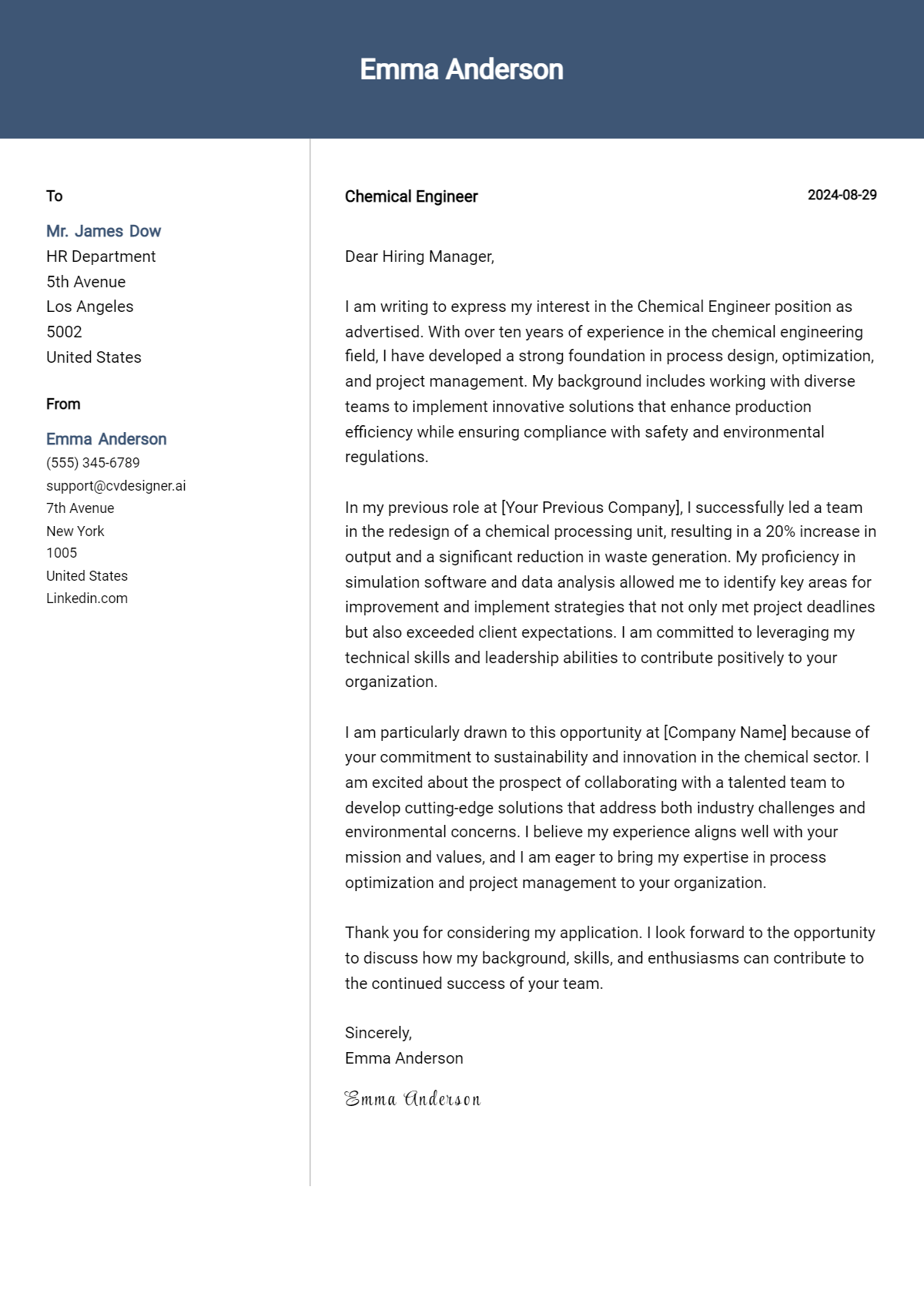 Chemical Engineer Cover Letter Examples and Templates for 2026 Preview