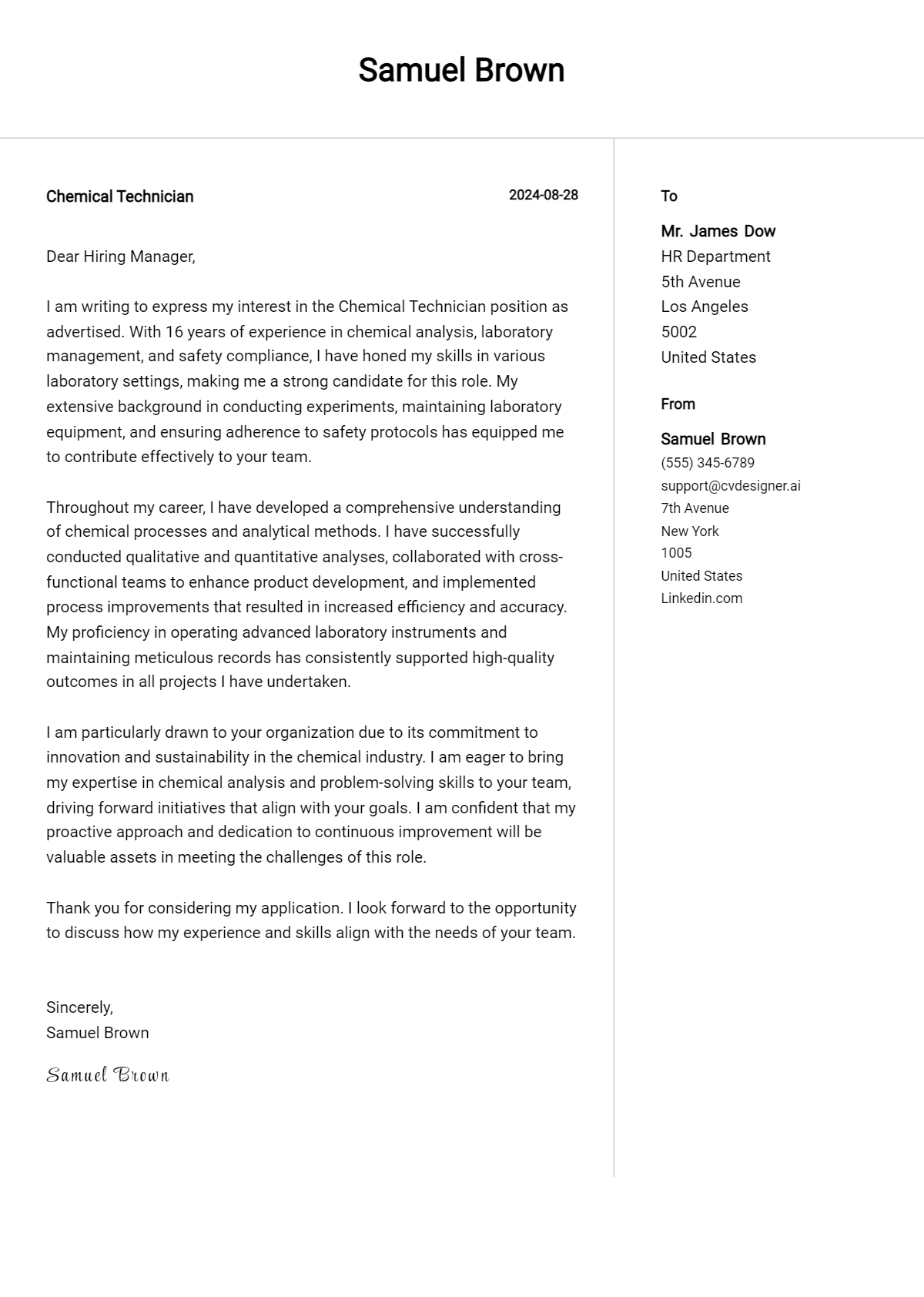 Chemical Technician Cover Letter Examples & Samples for 2026 Preview