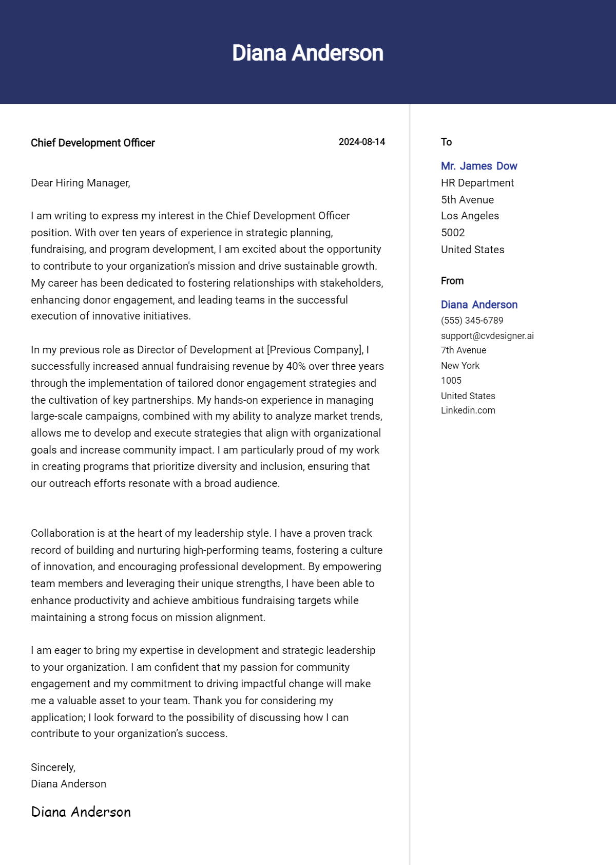 Chief Development Officer Cover Letter Examples & Samples for 2026 Preview