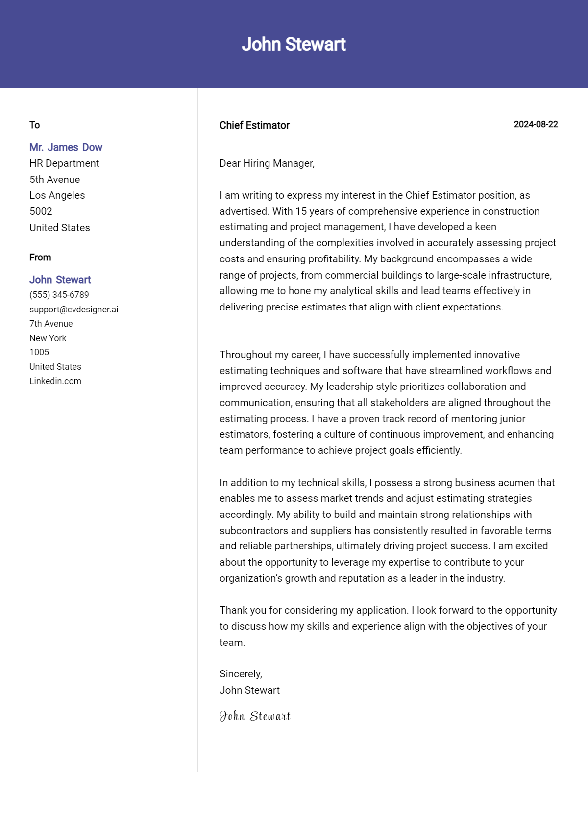 Chief Estimator Cover Letter Examples and Templates for 2026 Preview