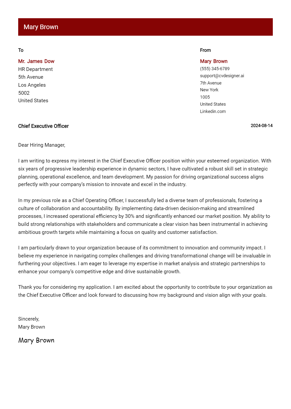 Chief Executive Officer Cover Letter Samples & Examples 2026 Preview