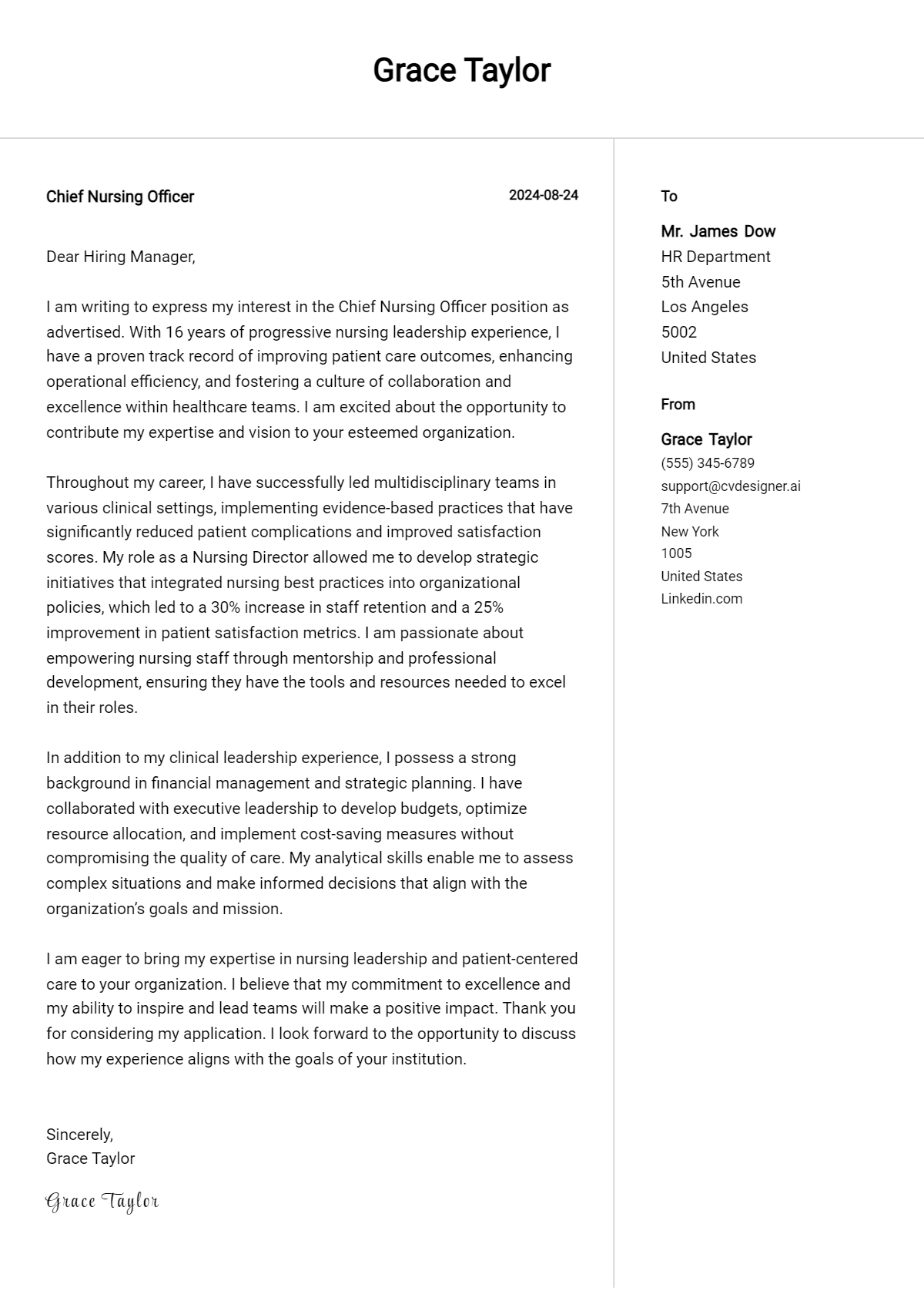 Chief Nursing Officer Cover Letter Example for 2026 (Free Templates) Preview