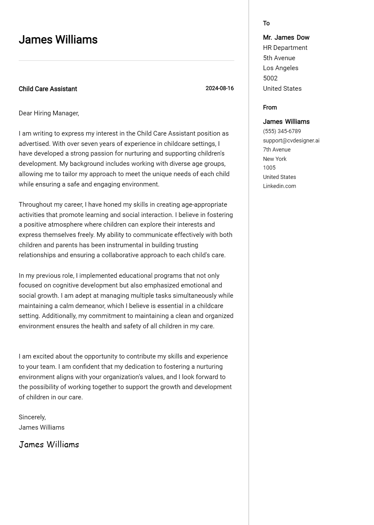 Child Care Assistant Cover Letter Examples & Samples for 2026 Preview