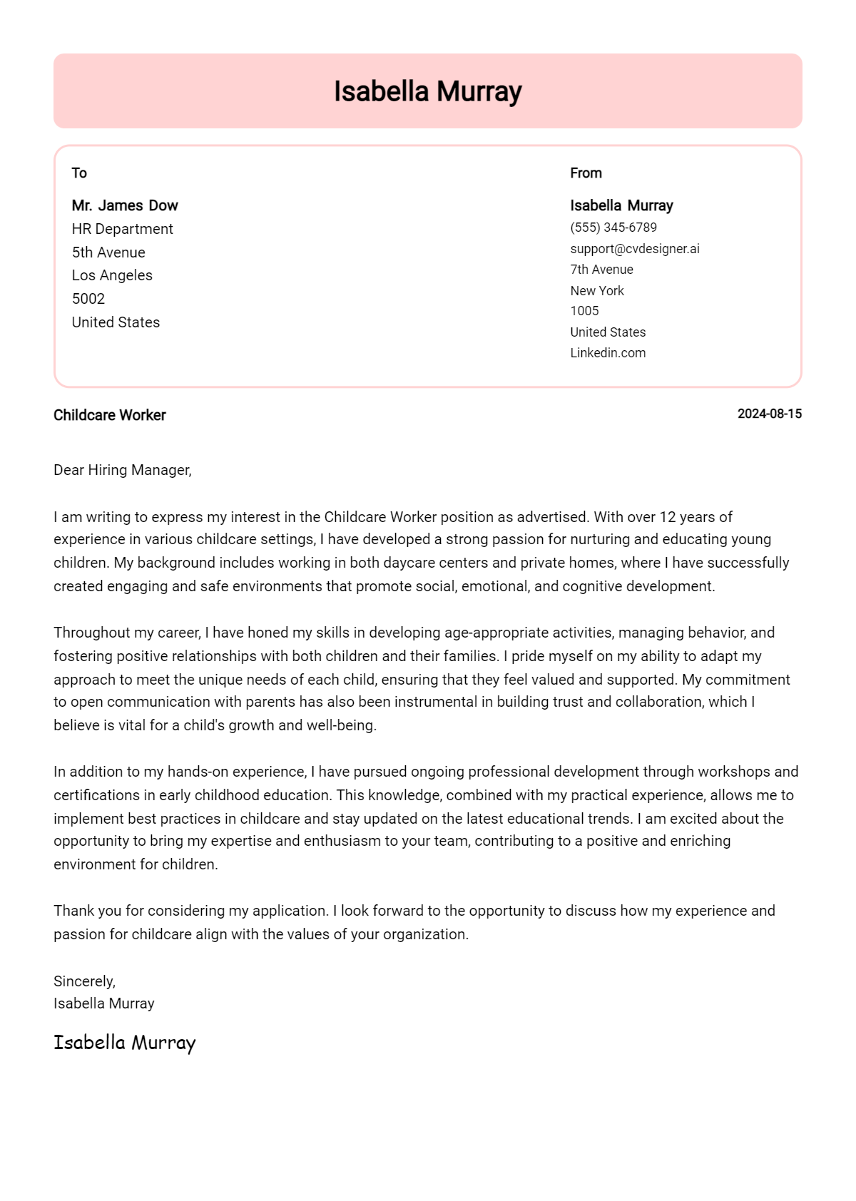 Childcare Worker Cover Letter Example for 2026: Free Templates Preview