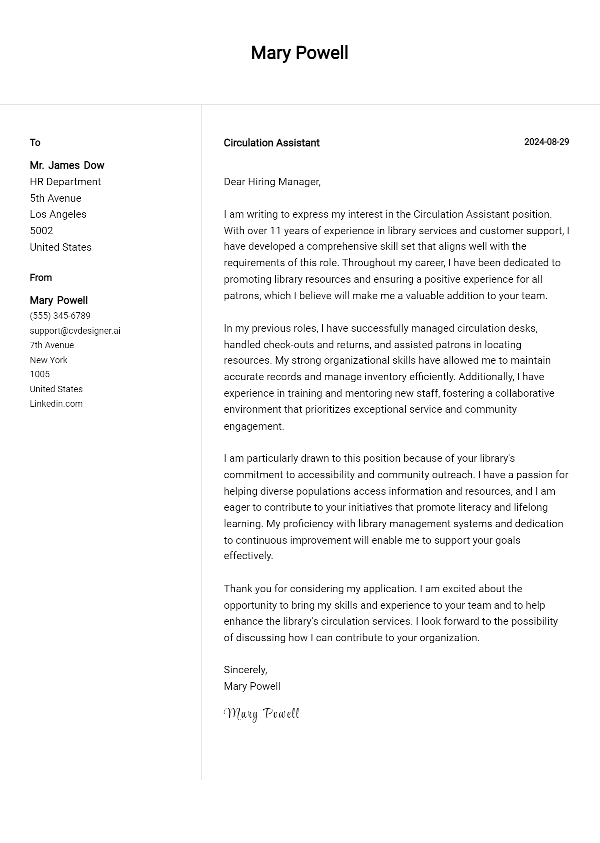 Circulation Assistant Cover Letter Example for 2026: Tips & Templates Preview