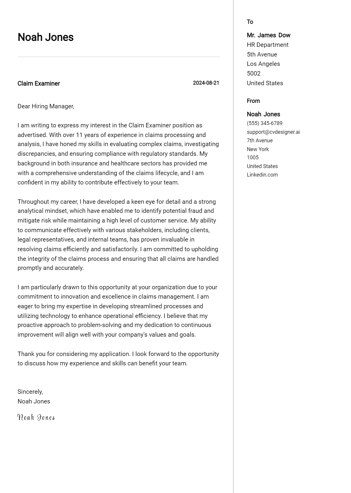 Claim Examiner Cover Letter Examples for 2026 (Downloadable) Preview