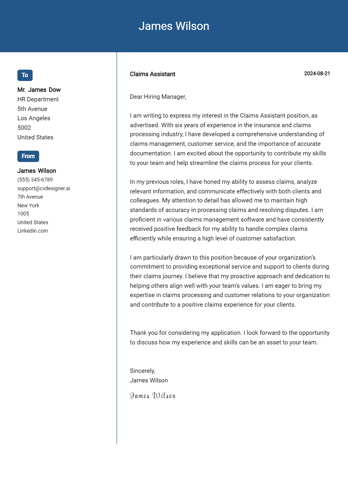 Claims Assistant Cover Letter Samples & Examples 2026 Preview