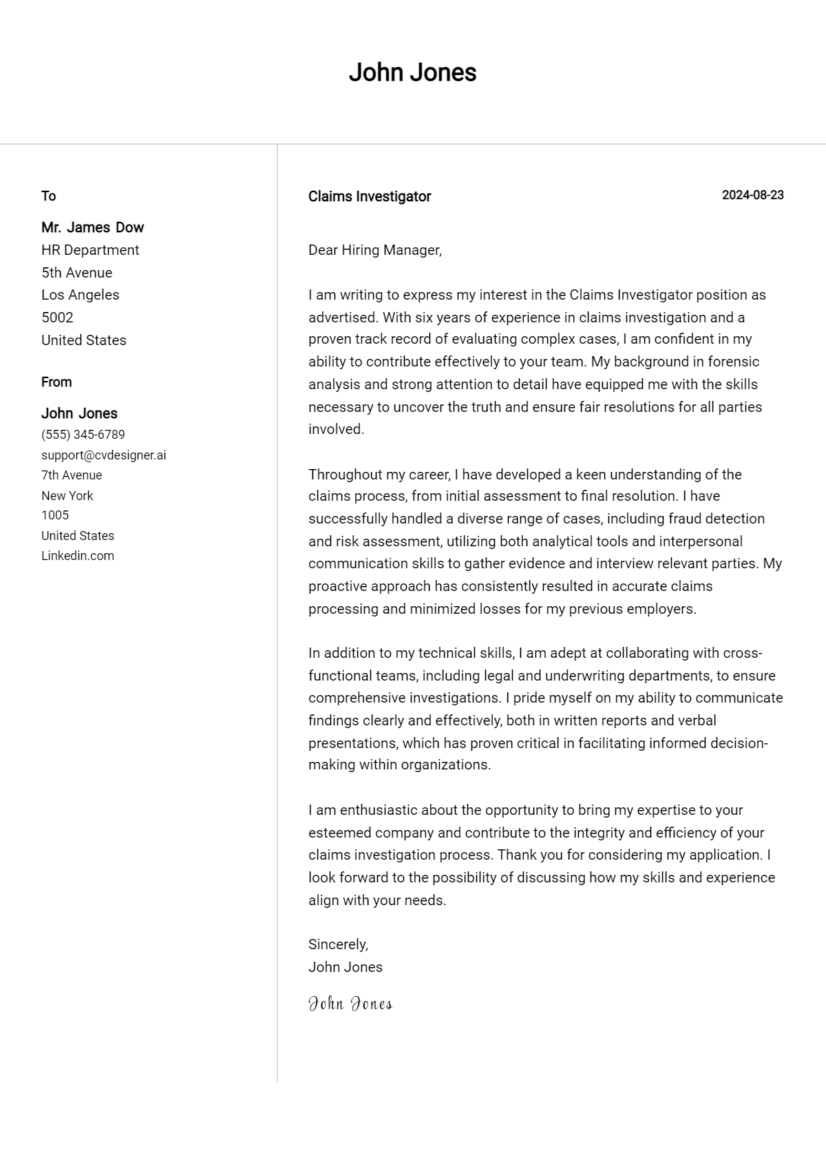 Claims Investigator Cover Letter Example for 2026: Tips & Templates Preview