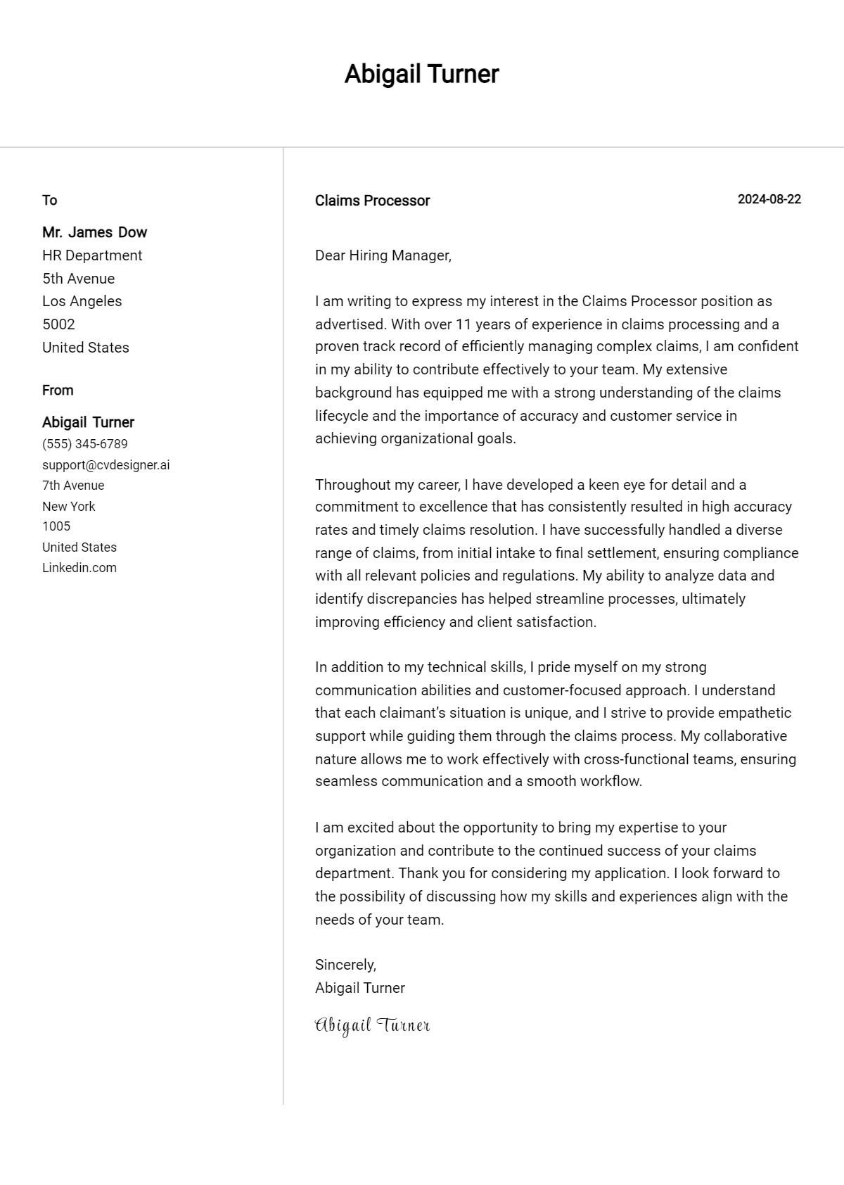 Claims Processor Cover Letter Example for 2026 (Complete Writing Guide) Preview