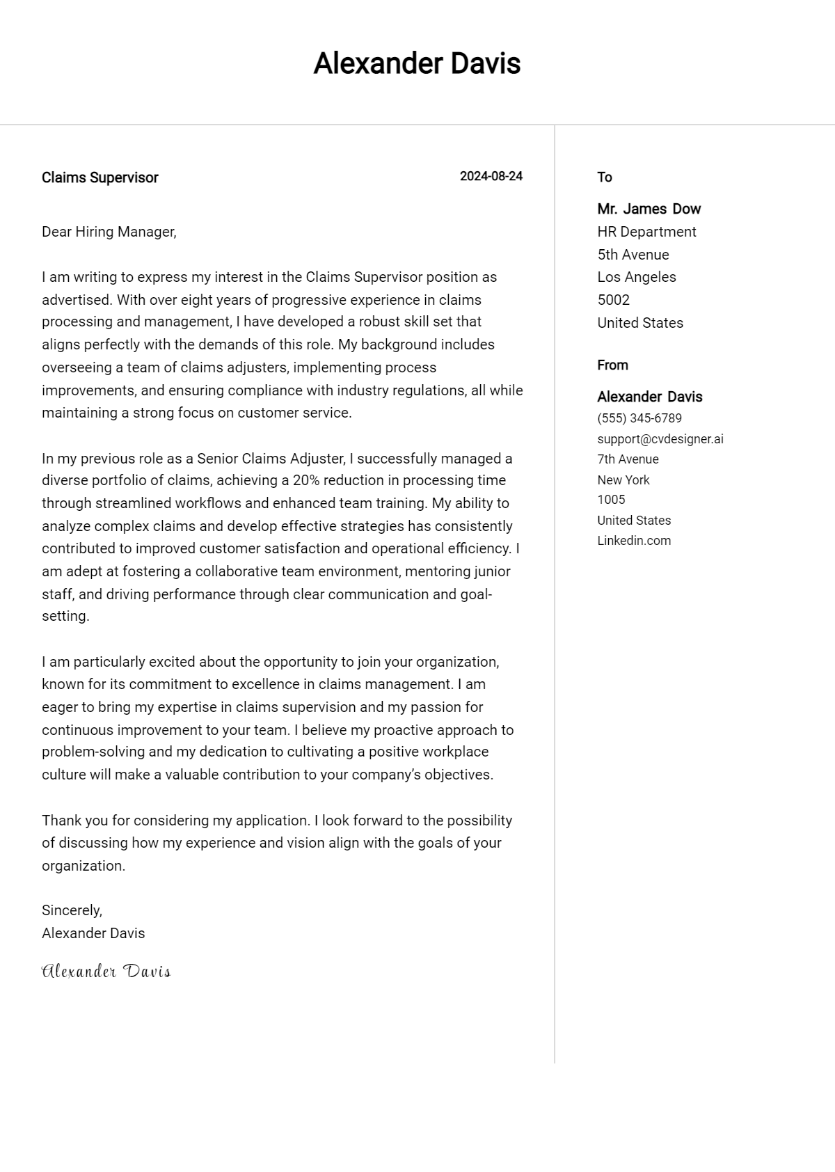 Claims Supervisor Cover Letter Example for 2026 (Writing Guide) Preview