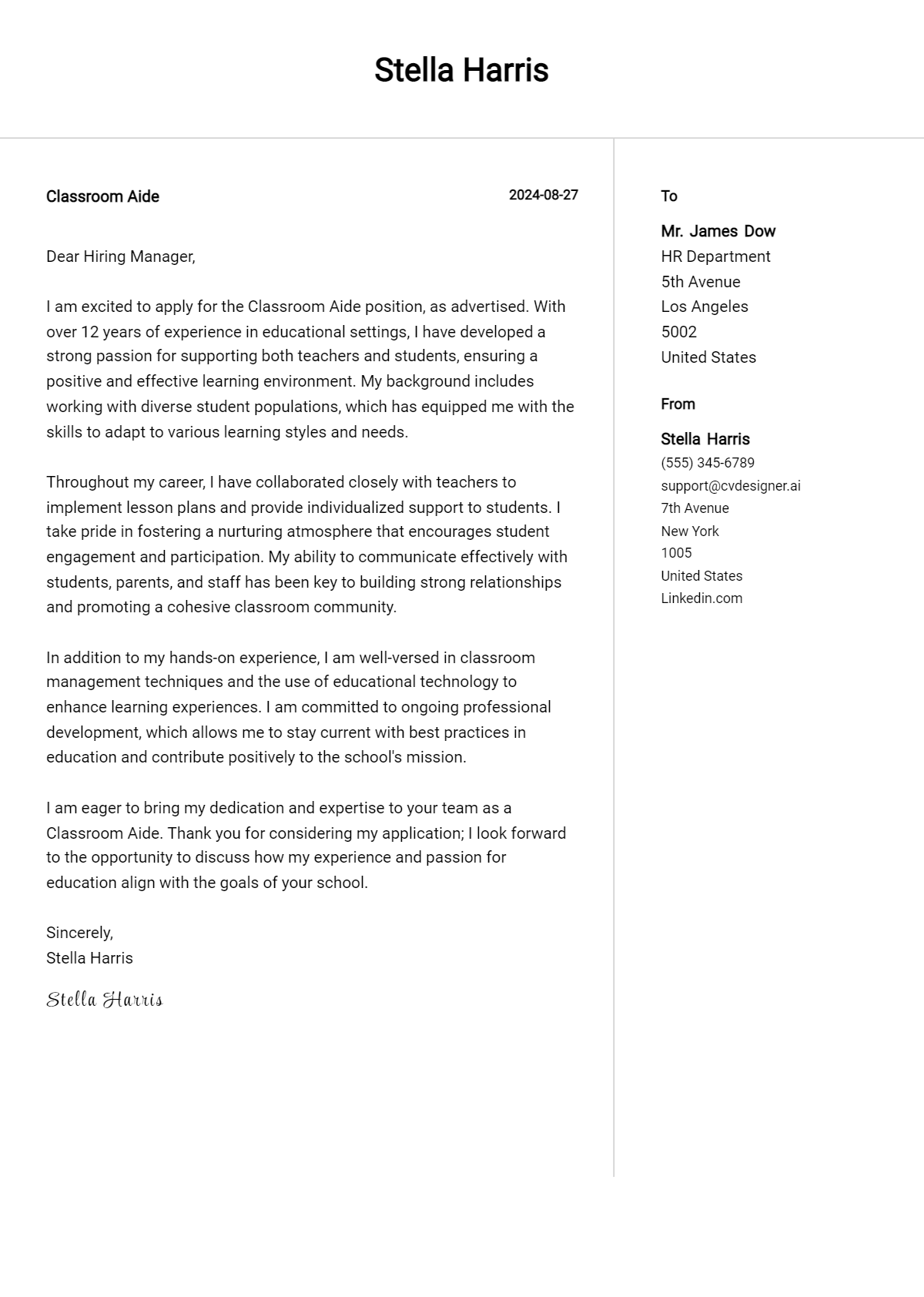 Classroom Aide Cover Letter Examples & Samples for 2026 Preview