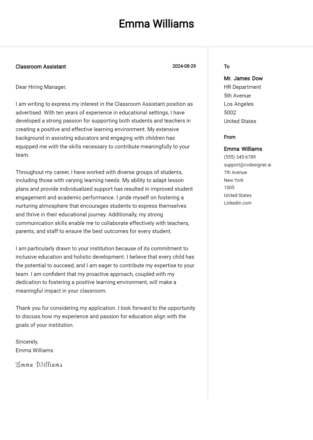 Classroom Assistant Cover Letter Examples & Samples for 2026 Preview