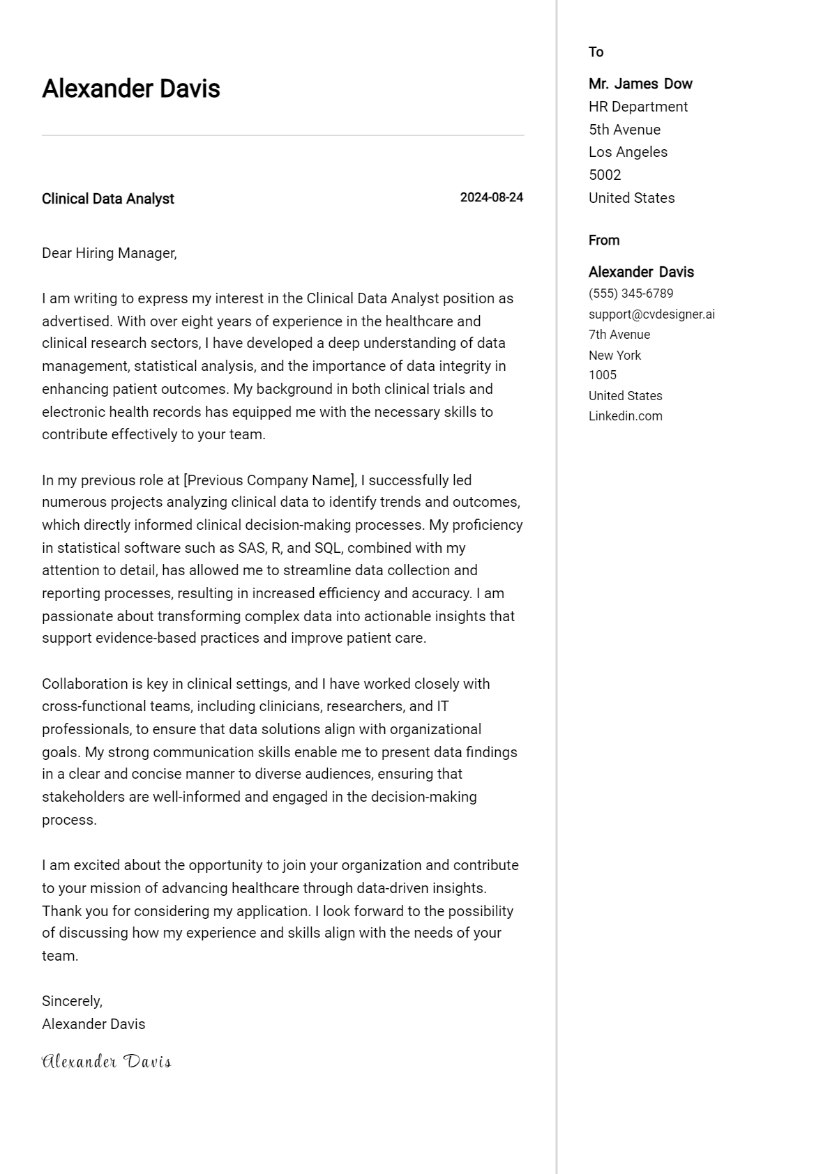 Clinical Data Analyst Cover Letter Example for 2026: Tips & Templates Preview