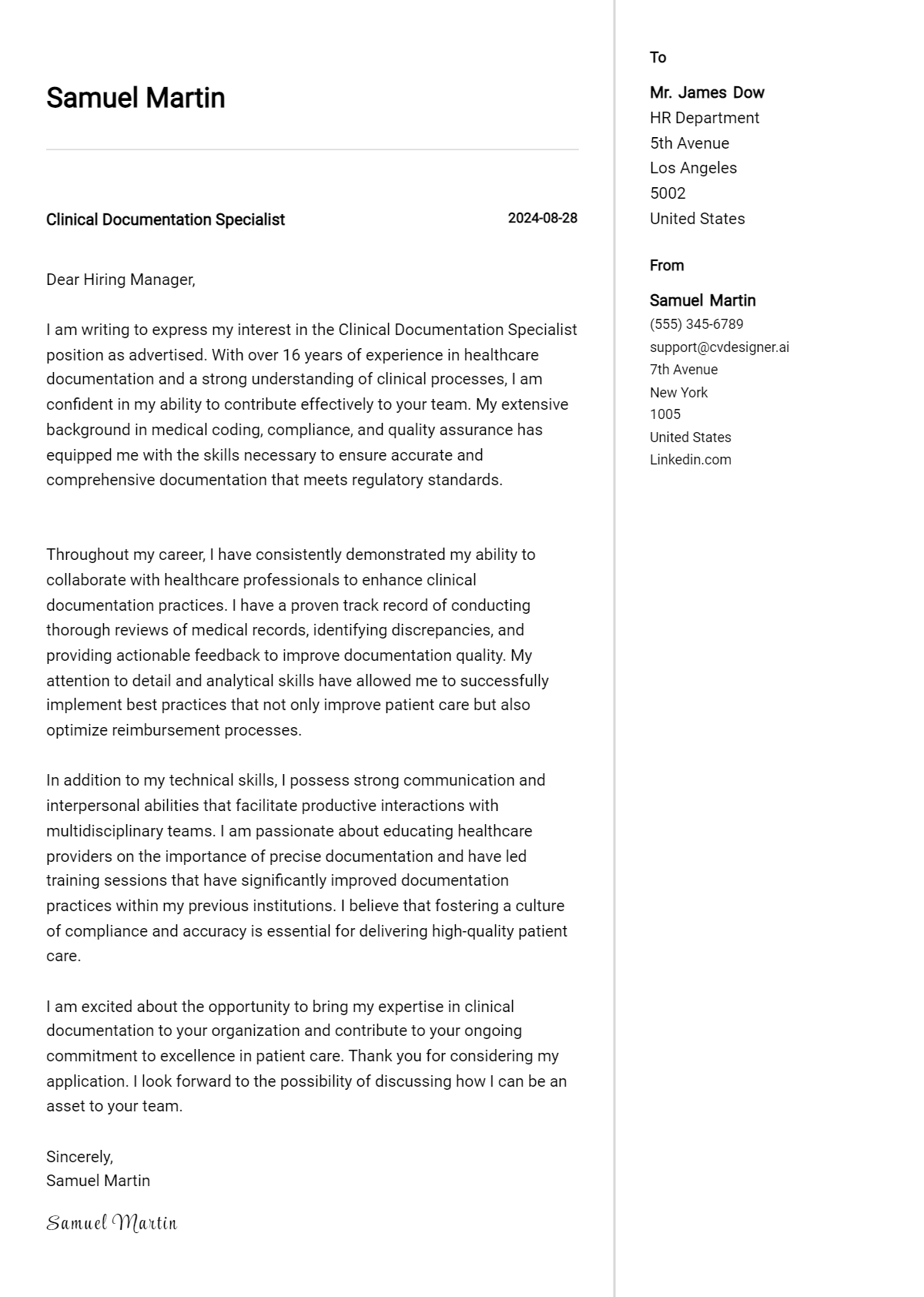 Clinical Documentation Specialist Cover Letter Examples & Samples for 2026 Preview