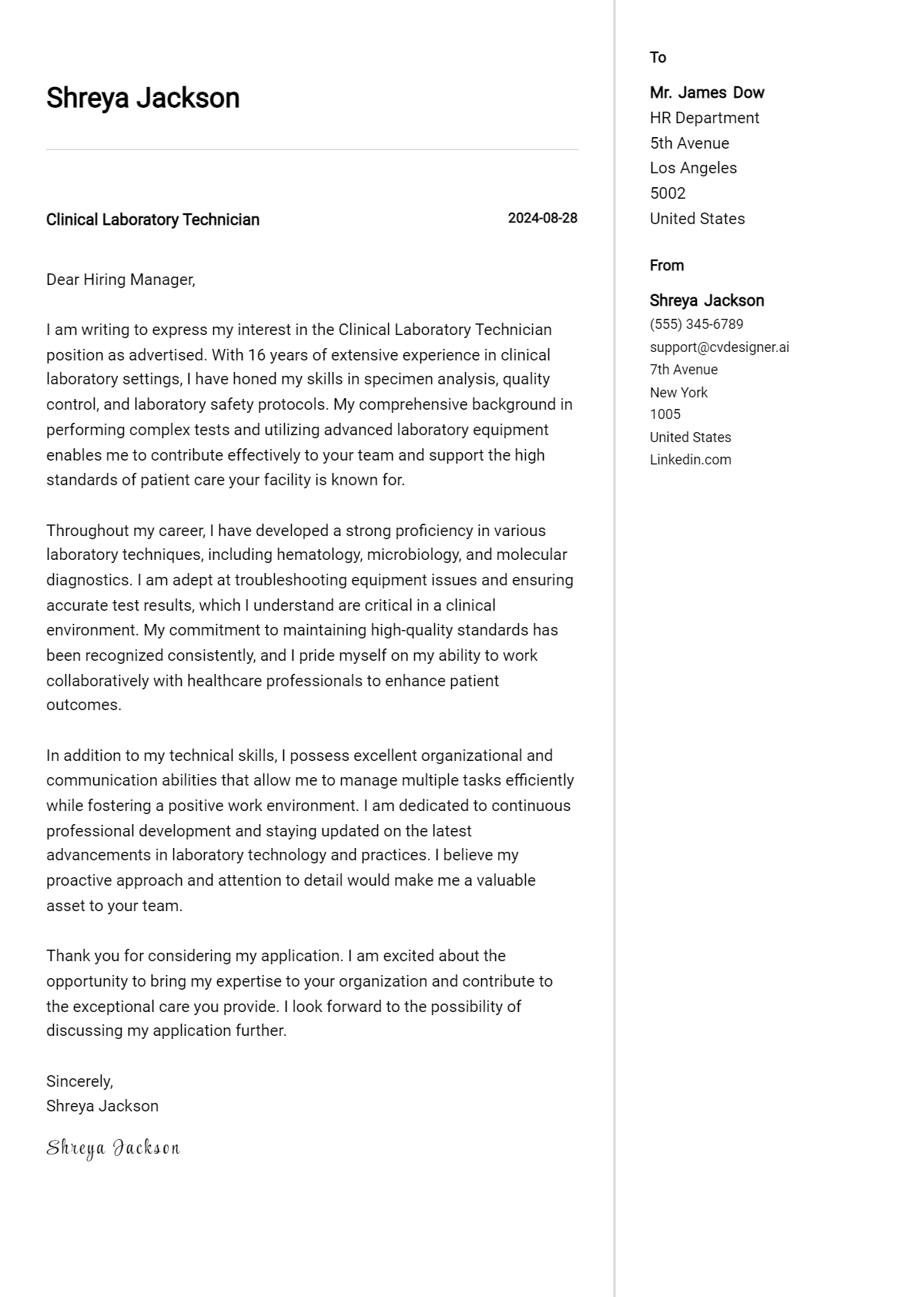 Clinical Laboratory Technician Cover Letter Example for 2026 (Complete Writing Guide) Preview
