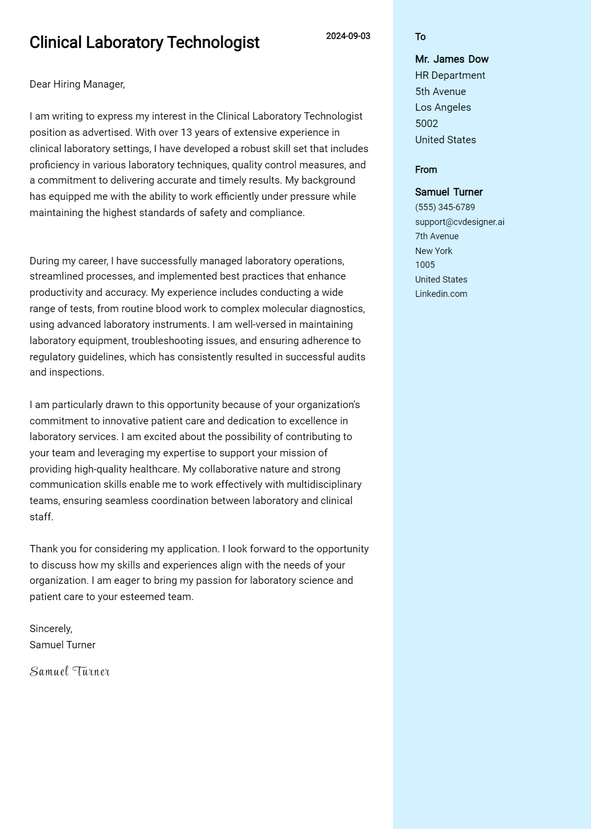 Clinical Laboratory Technologist Cover Letter Examples for 2026 (Downloadable) Preview