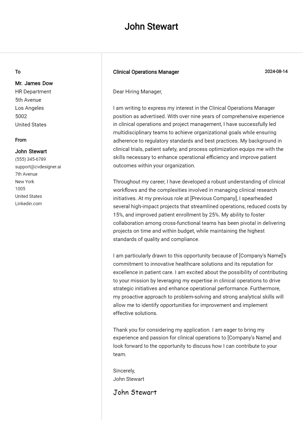 Clinical Operations Manager Cover Letter Samples & Examples 2026 Preview