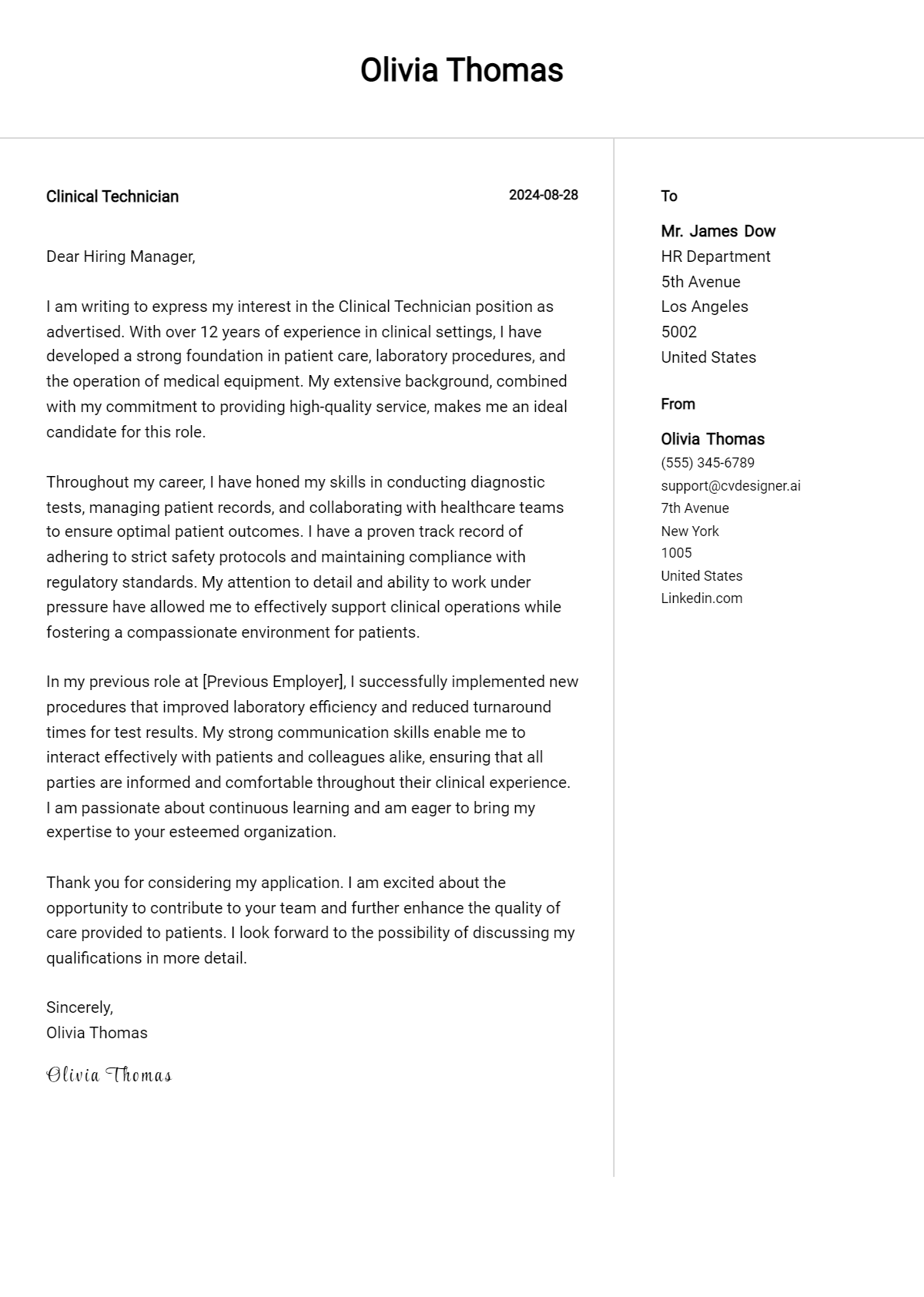 Clinical Technician Cover Letter Samples & Examples 2026 Preview