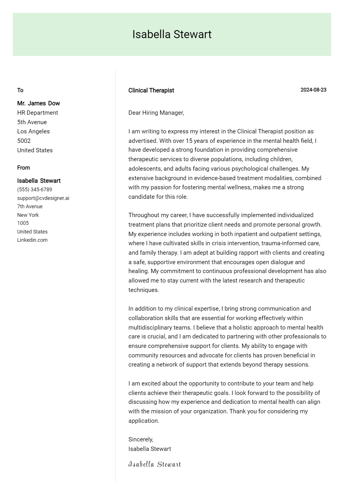 Clinical Therapist Cover Letter Example for 2026: Top CV Skills Preview