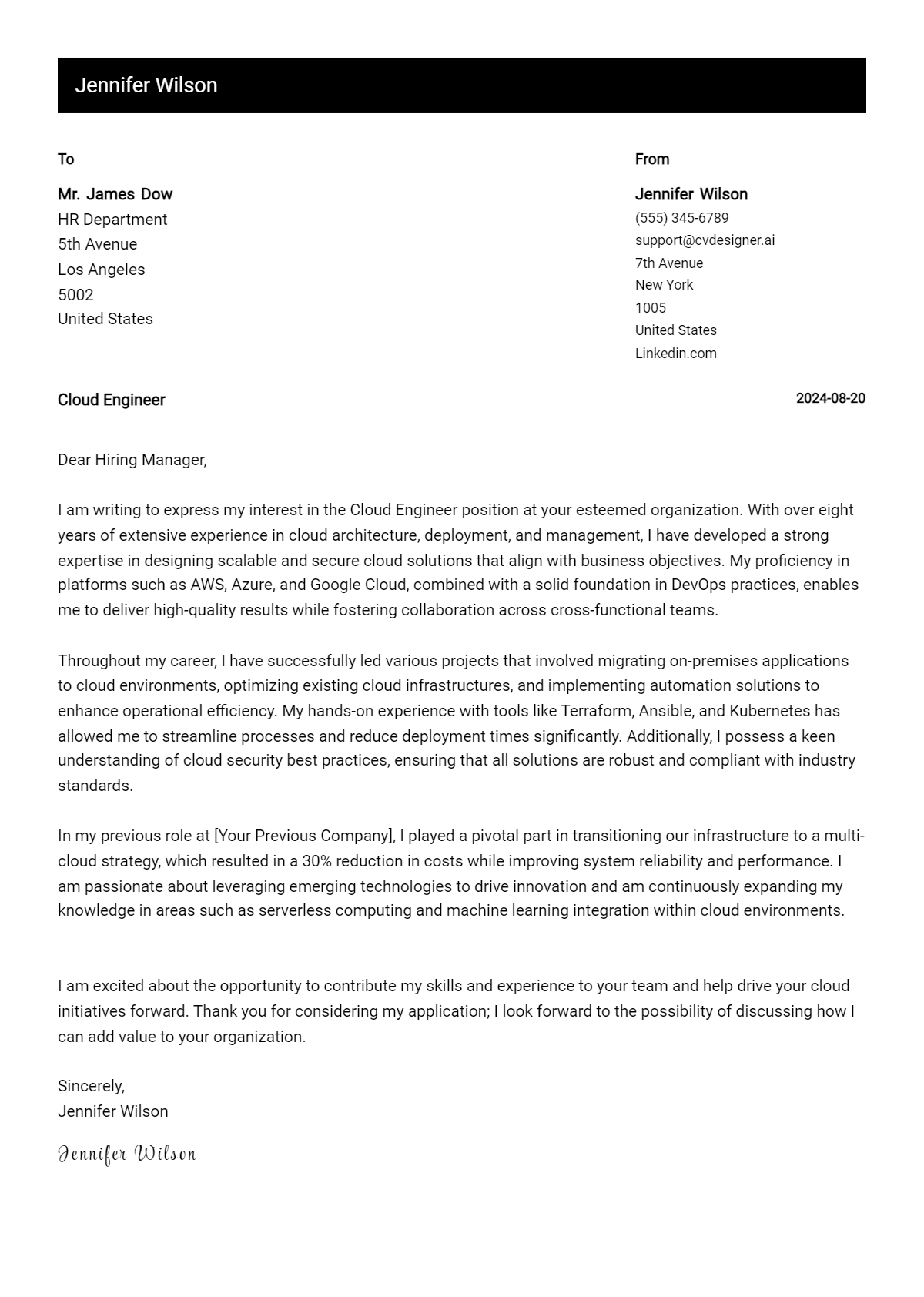Cloud Engineer Cover Letter Example for 2026 (Download Templates) Preview