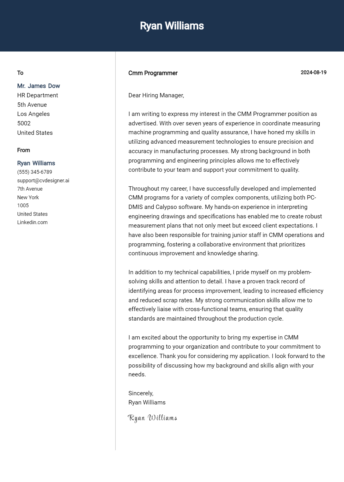 Cmm Programmer Cover Letter Example for 2026 (Free Templates) Preview