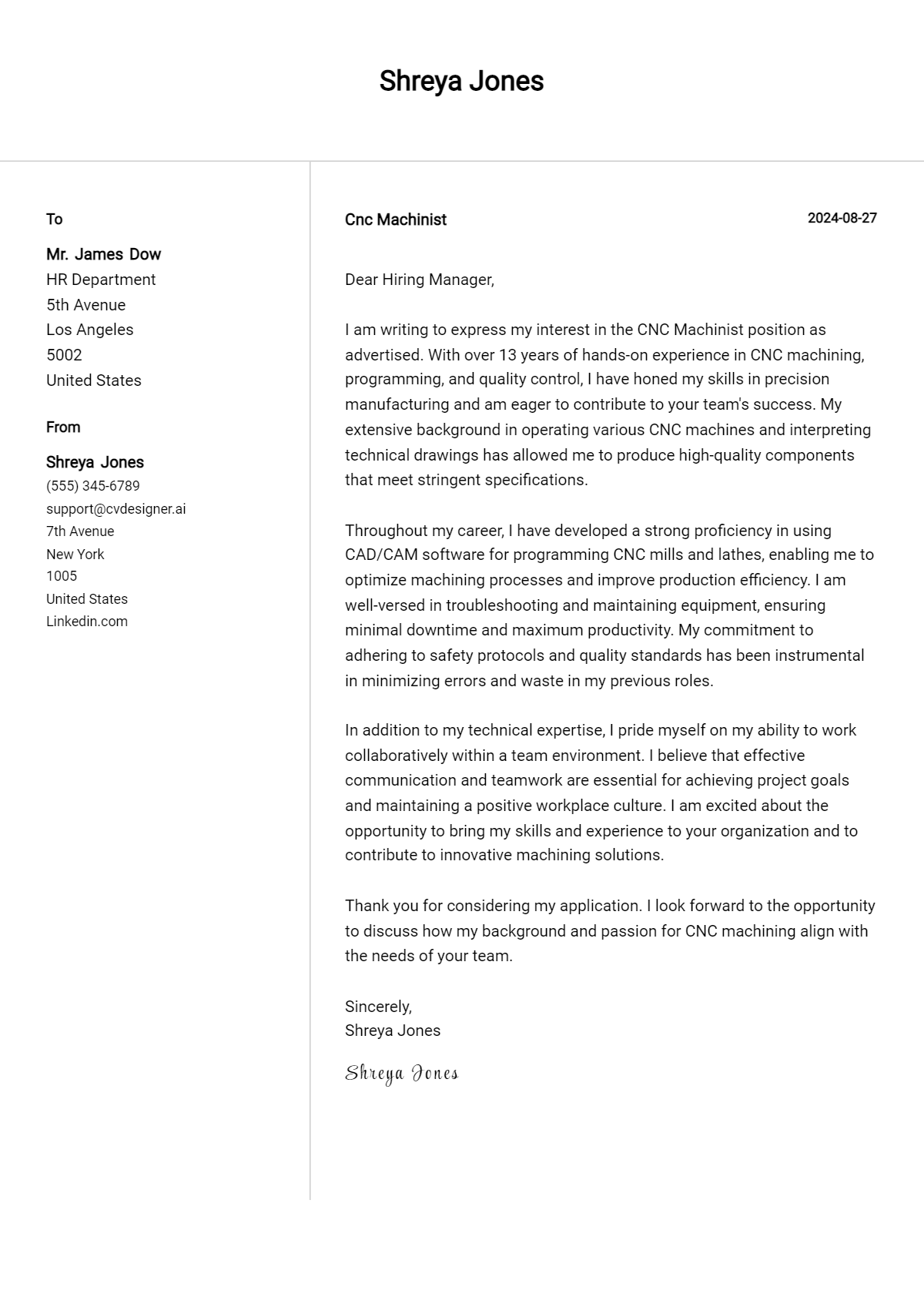 Cnc Machinist Cover Letter Examples & Samples for 2026 Preview