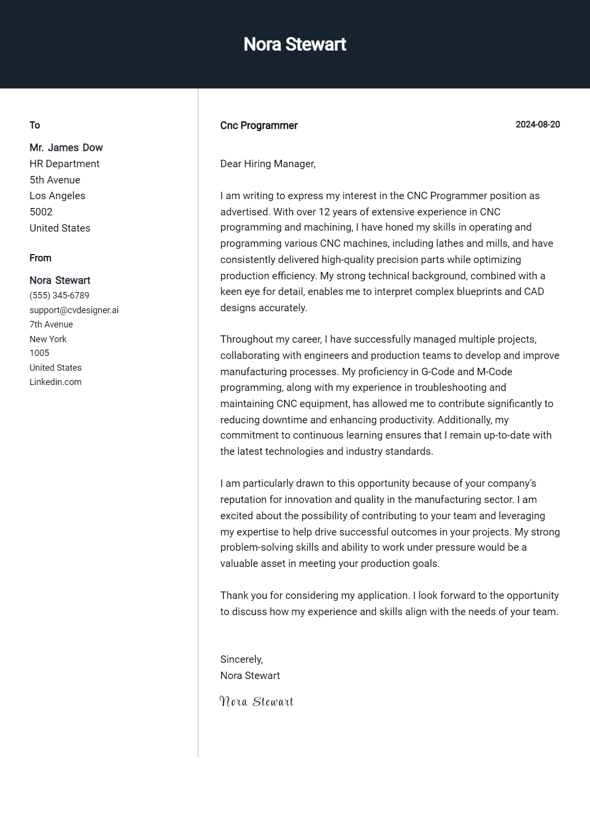 Cnc Programmer Cover Letter Samples & Examples 2026 Preview