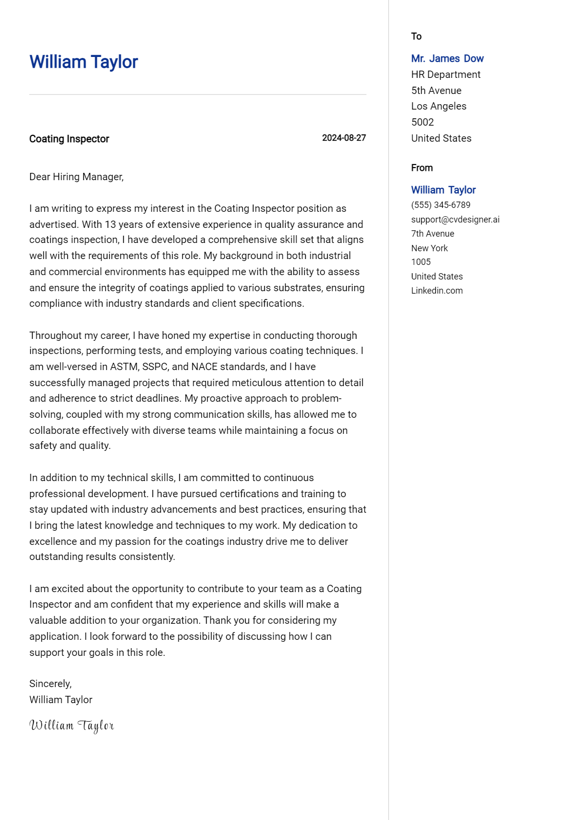 Coating Inspector Cover Letter Examples for 2026 (Downloadable) Preview