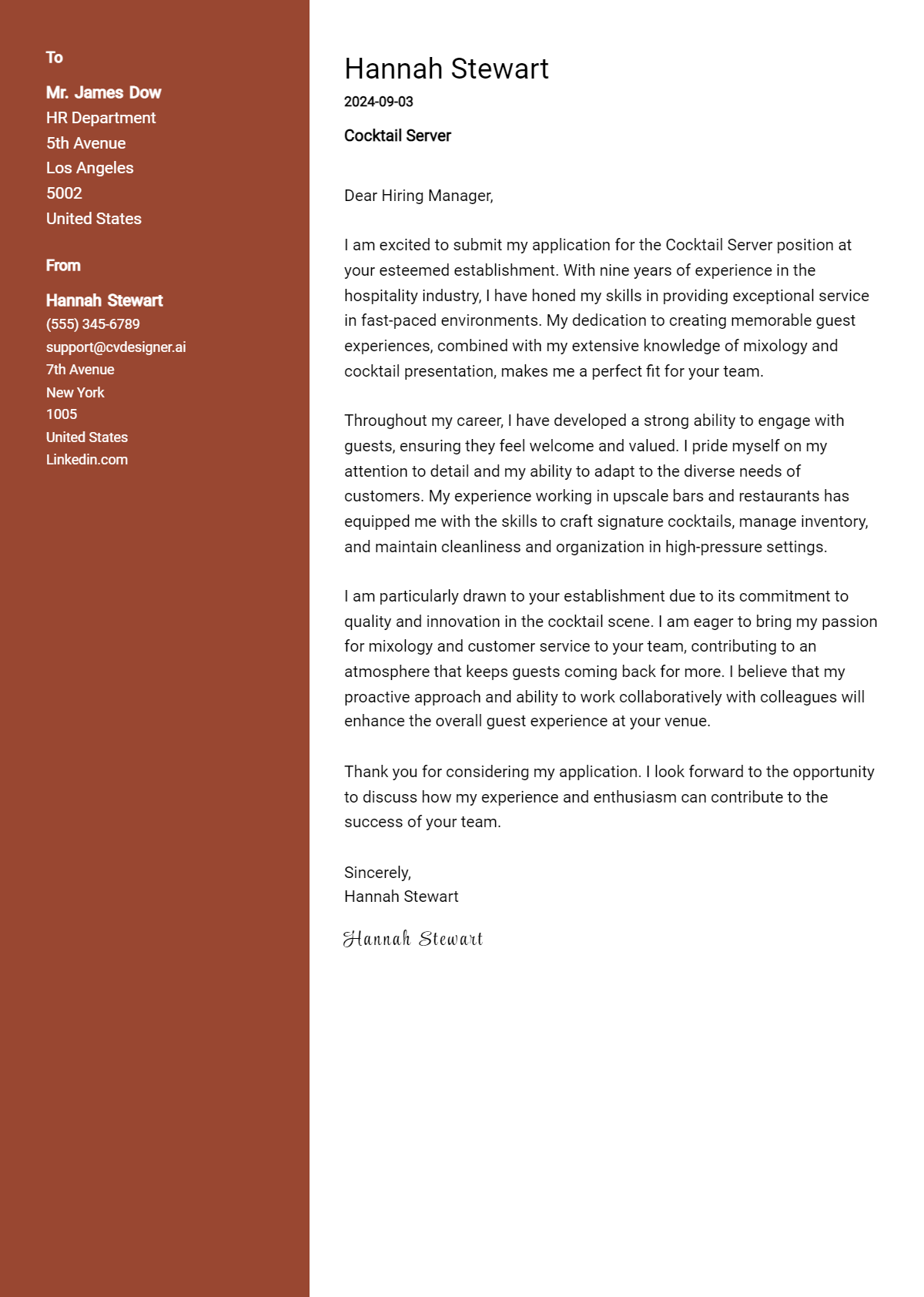 Cocktail Server Cover Letter Example for 2026: Top CV Skills Preview