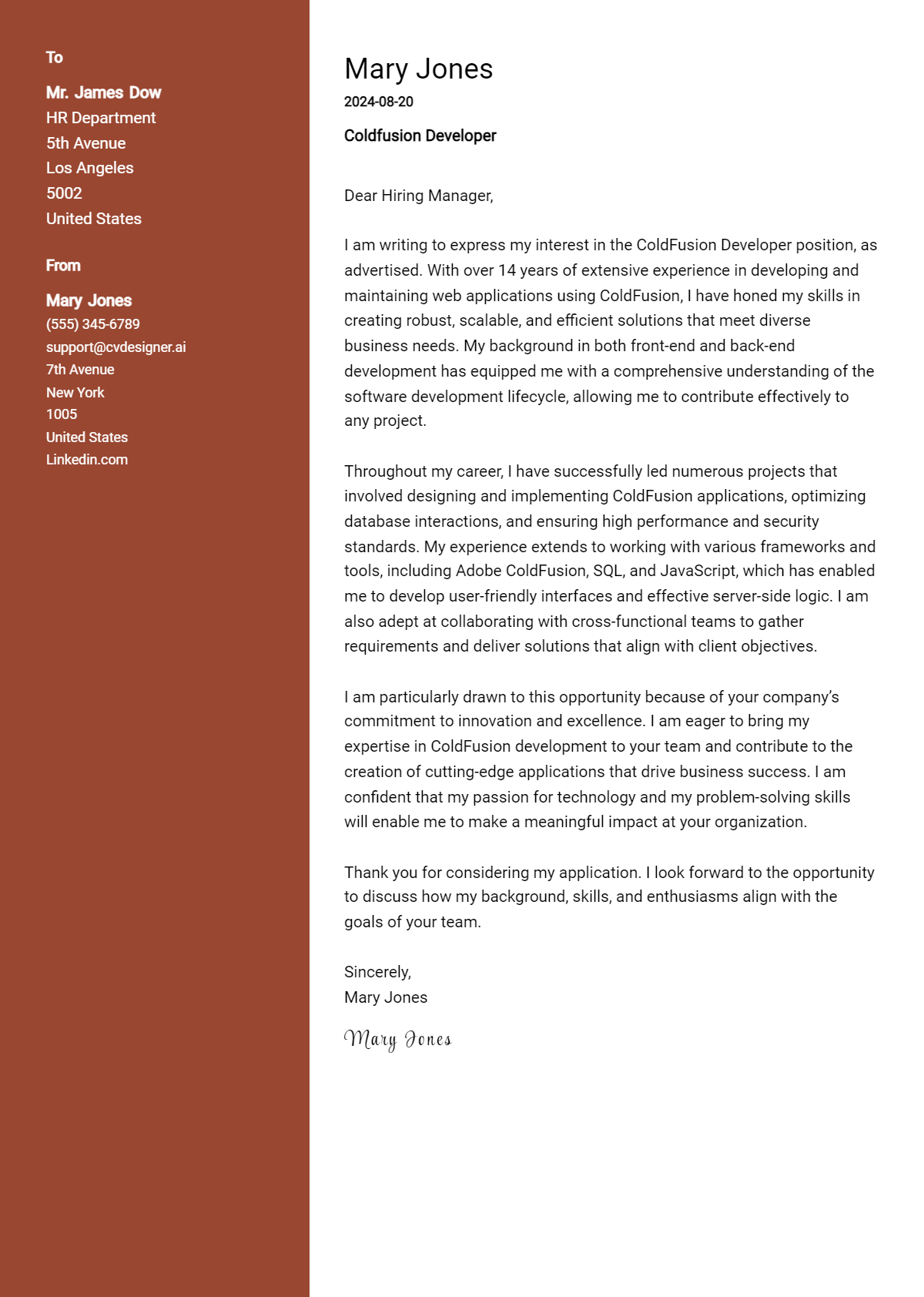 Coldfusion Developer Cover Letter Example for 2026: Top CV Skills Preview