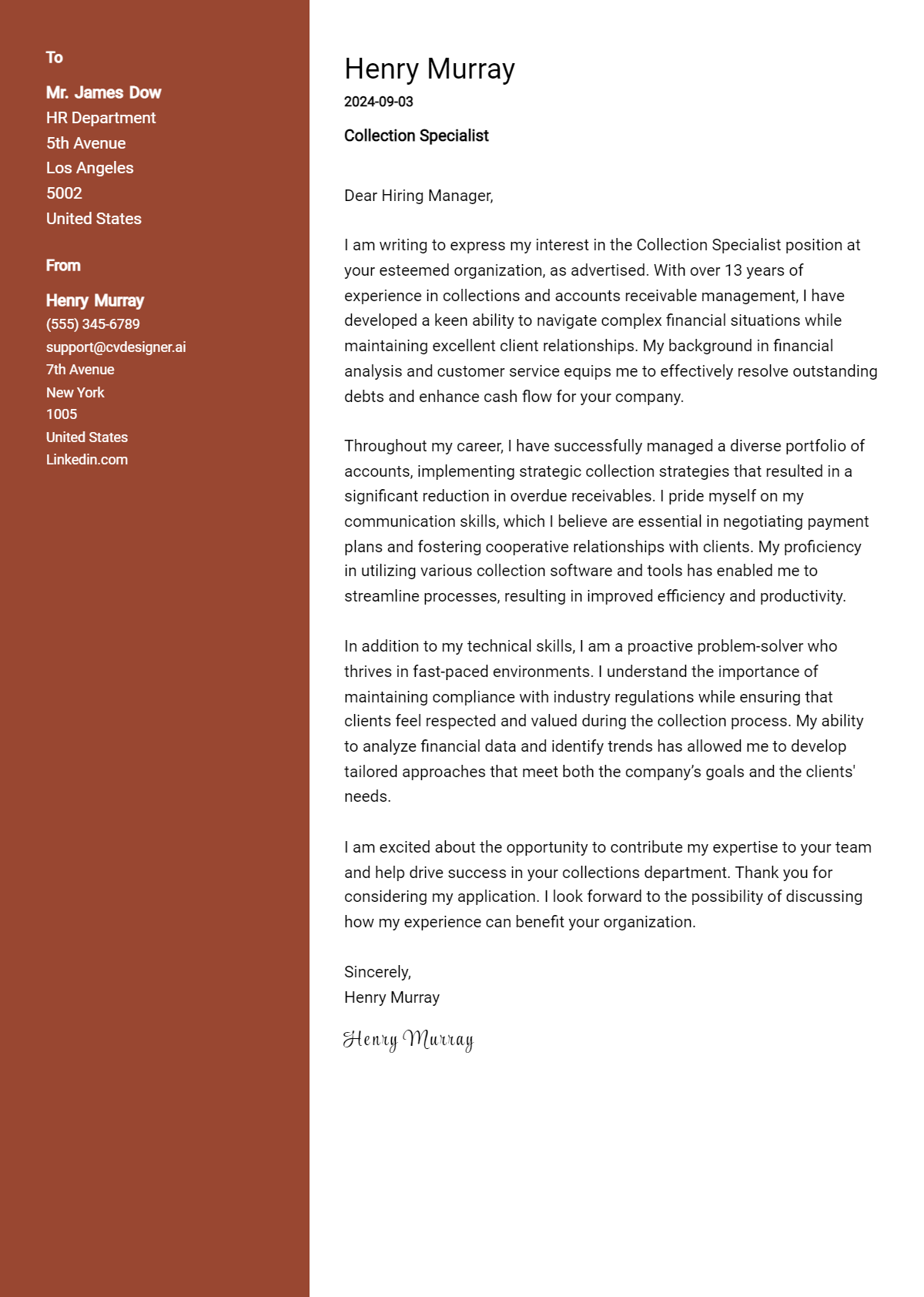 Collection Specialist Cover Letter Example for 2026 (Writing Guide) Preview