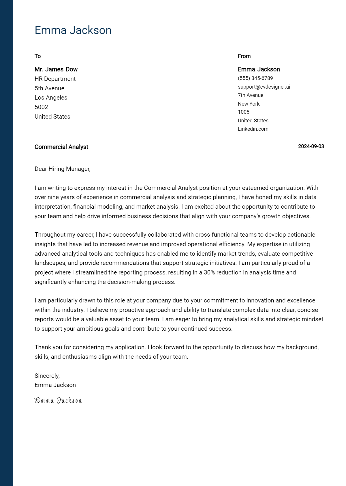 Commercial Analyst Cover Letter Example for 2026 (Download Templates) Preview