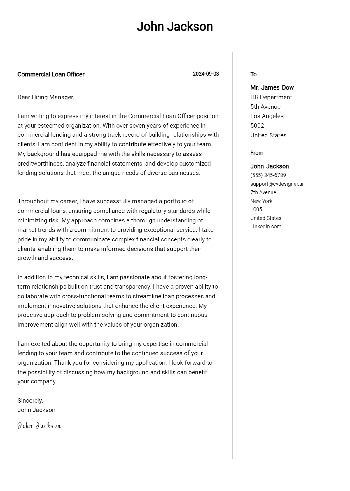 Commercial Loan Officer Cover Letter Examples & Samples for 2026 Preview