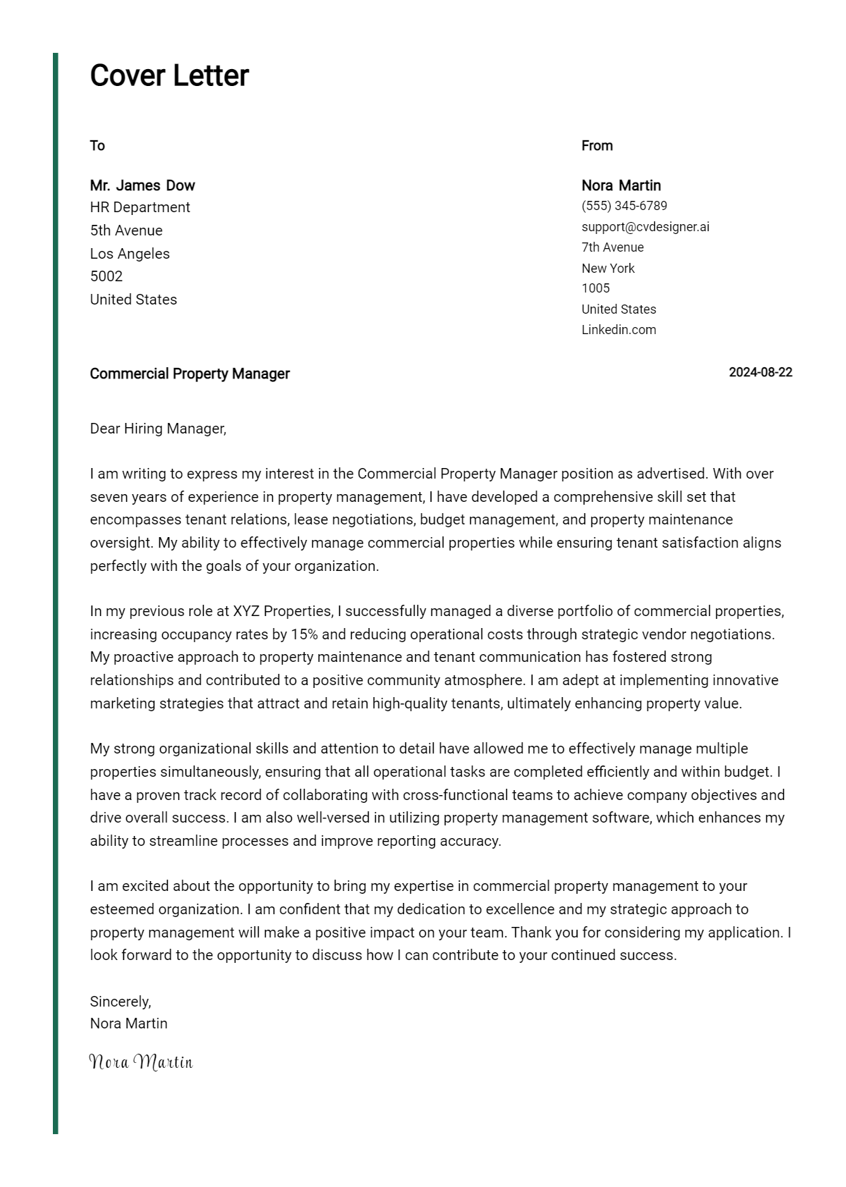 Commercial Property Manager Cover Letter Samples & Examples 2026 Preview