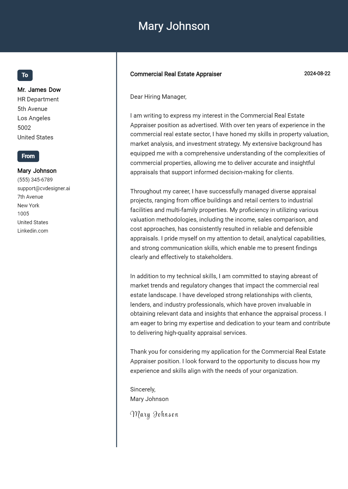 Commercial Real Estate Appraiser Cover Letter Example for 2026 (Writing Guide) Preview