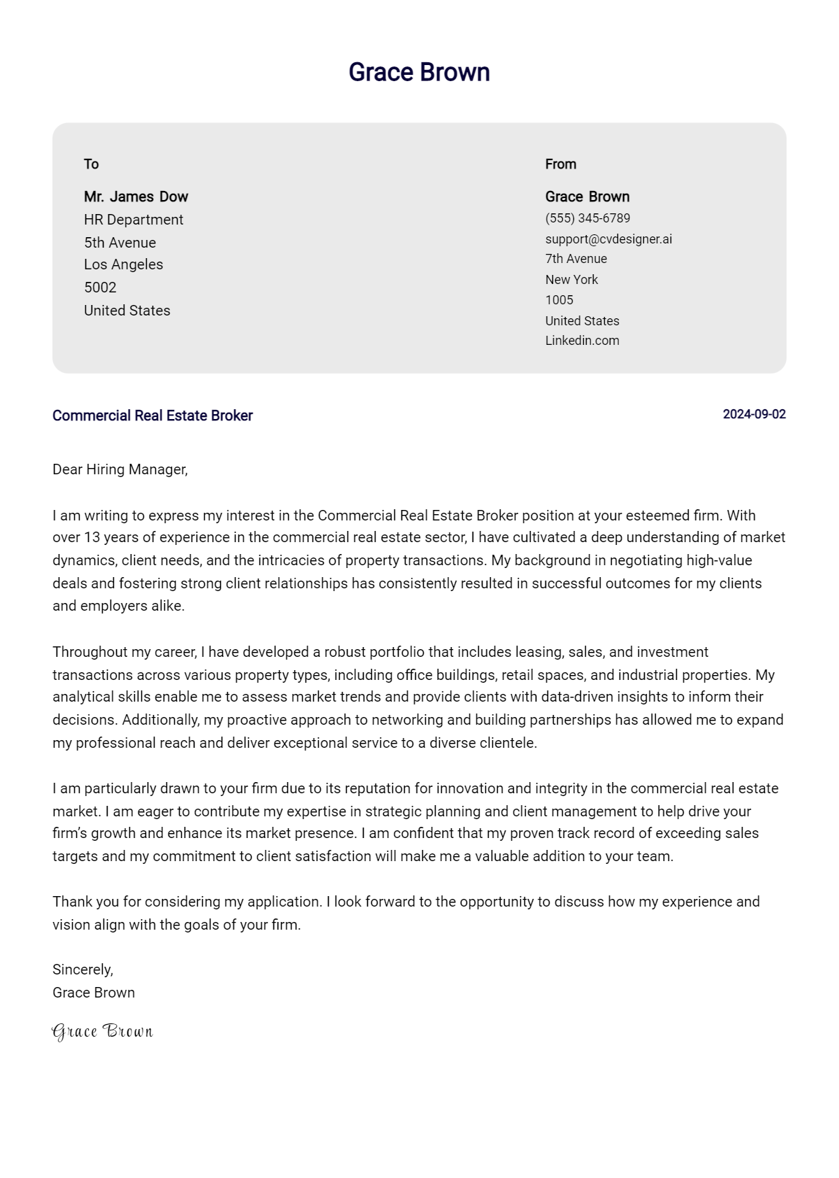 Commercial Real Estate Broker Cover Letter Example for 2026 (Download Templates) Preview
