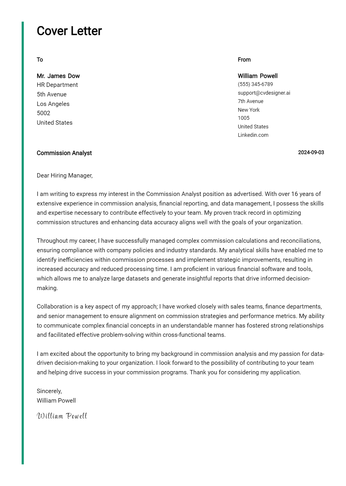 Commission Analyst Cover Letter Example for 2026 (Complete Writing Guide) Preview