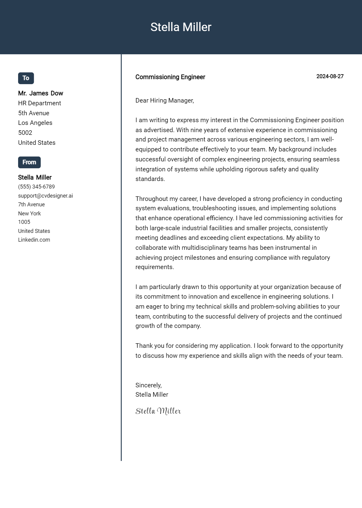 Commissioning Engineer Cover Letter Example for 2026 (Writing Guide) Preview