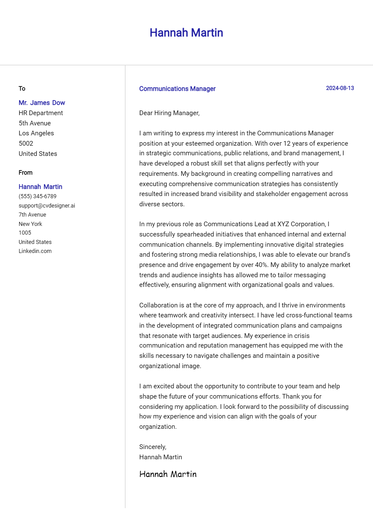 Communications Manager Cover Letter Example for 2026: Free Templates Preview