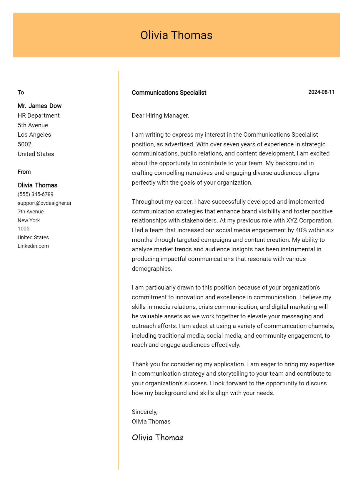 Communications Specialist Cover Letter Example for 2026 (Download Templates) Preview