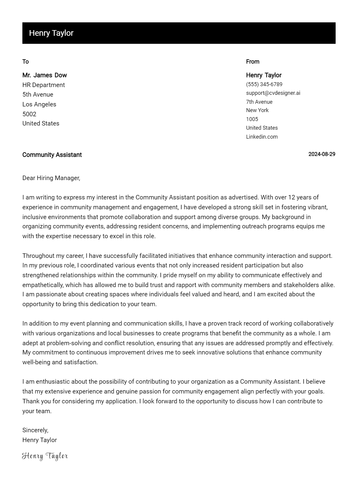 Community Assistant Cover Letter Example for 2026: Tips & Templates Preview